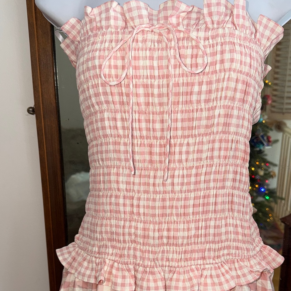 Anthropologie For Love And Lemons Peach Gingham Petal Smocked Midi Dress NWT M - Picture 6 of 10